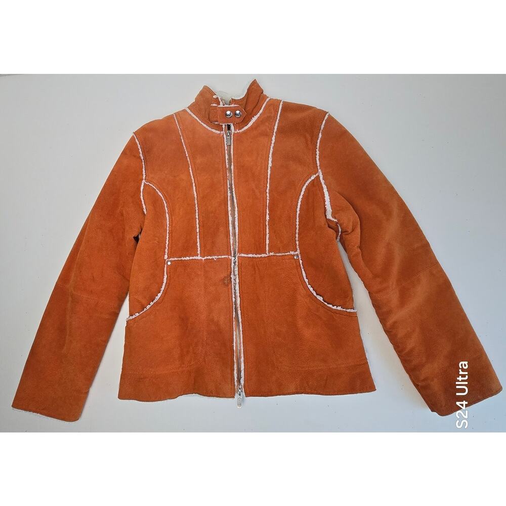 Marc Mattis Orange Genuine Leather Jacket Faux Shearling Zipper Lining Women's M